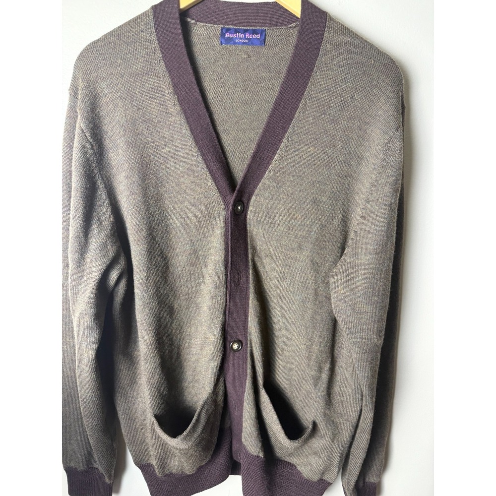 Austin Reed Cardigan Men M Brown Button Front Wool V-Neck Knit Sweater Preppy